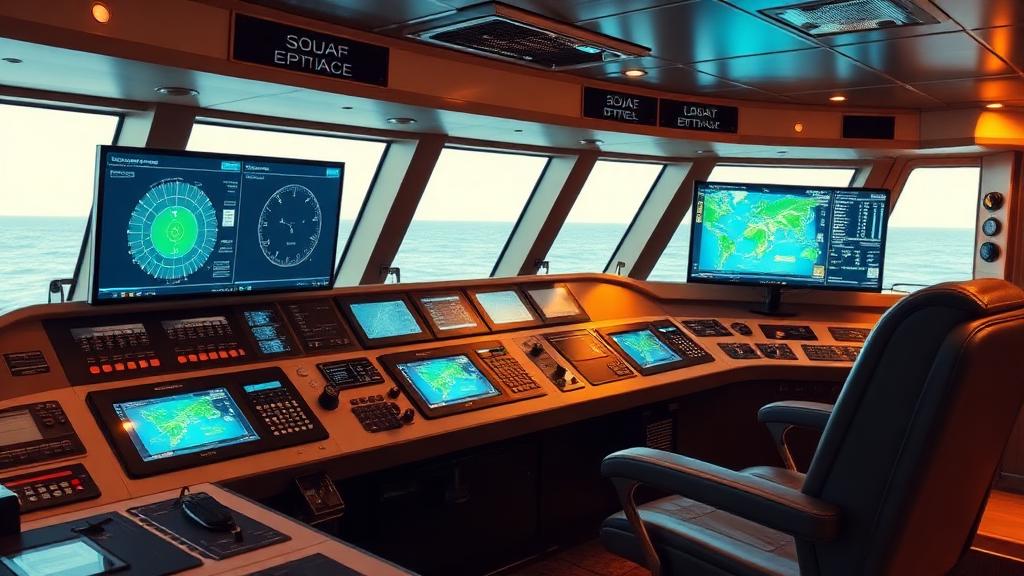 Ship bridge with navigation and route optimization screens