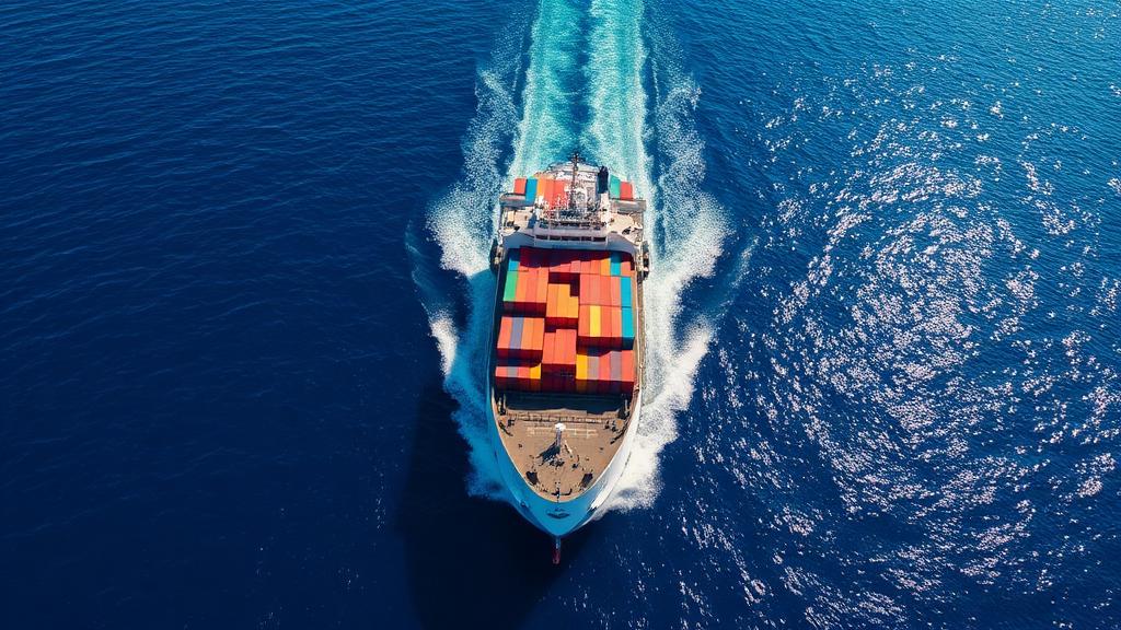 A futuristic aerial view of a busy container port at night. Large container ships are docked along automated cranes glowing with bright red and orange lights.