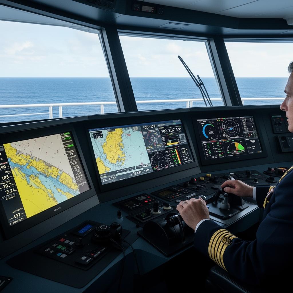 A detailed illustration of advanced real-time monitoring and analytics dashboards displayed on screens within a ship's control room.