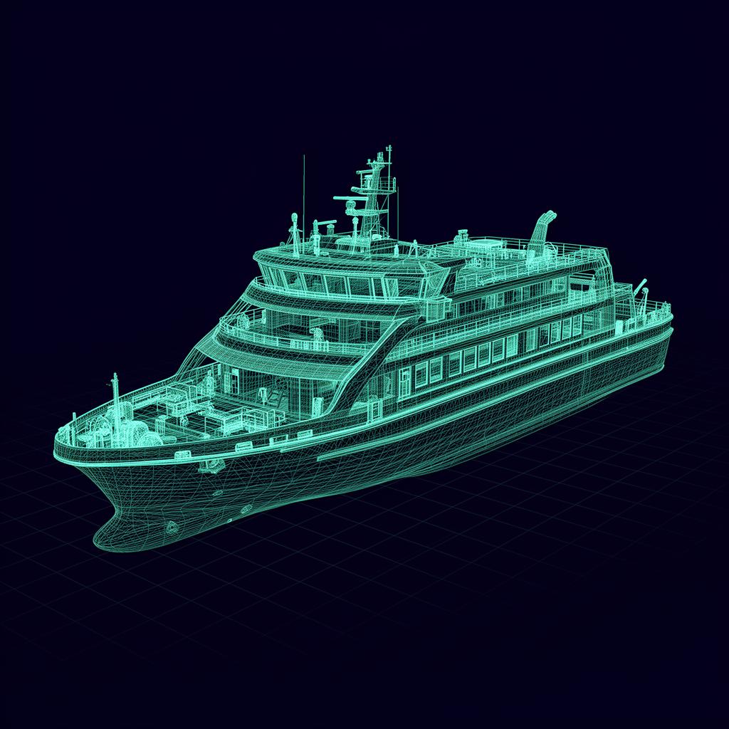 A digital illustration depicting the concept of digital twins in ferry operations, showcasing a futuristic control room interface with holographic projections of ferries navigating a complex maritime network.