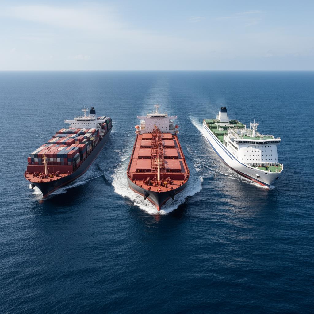 Three futuristic, low-emission vessels cruising across open water, glowing with blue energy beneath their hulls, representing next-generation clean maritime fuel and propulsion technologies.