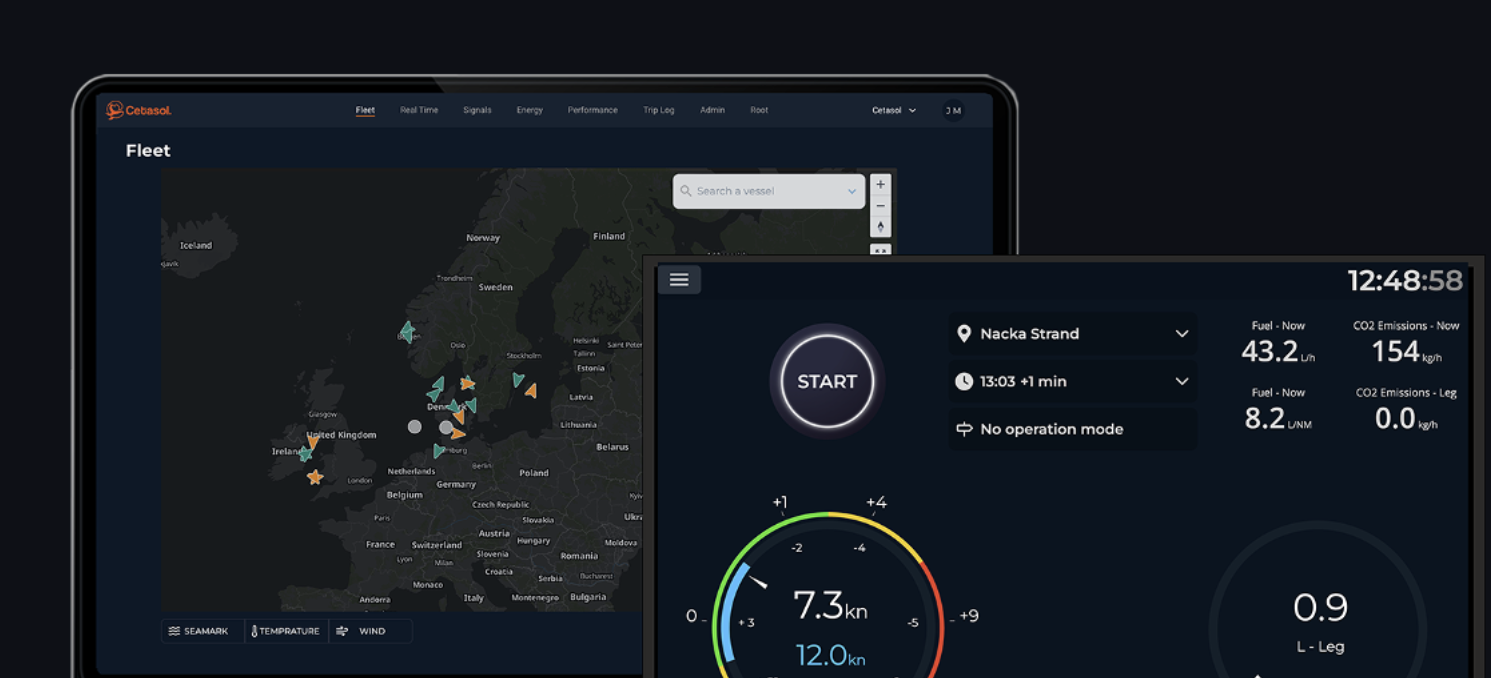 Digital dashboard with glowing blue charts, graphs, and vessel analytics displayed against a backdrop of ocean water, illustrating how real-time fleet data supports emission reduction strategies and improved CII performance.